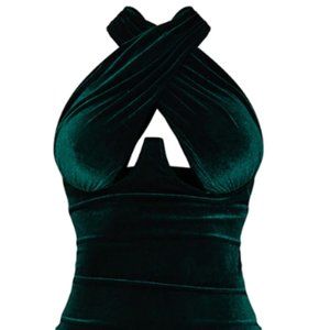 NWT EMERALD GREEN VELVET UNDERWIRED CROSS FRONT MIDI DRESS